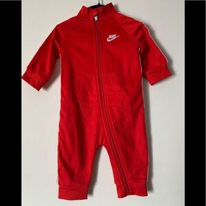 Nike red/white printed logo trim coverall, zipper to ankle, logo on chest, 6 mo